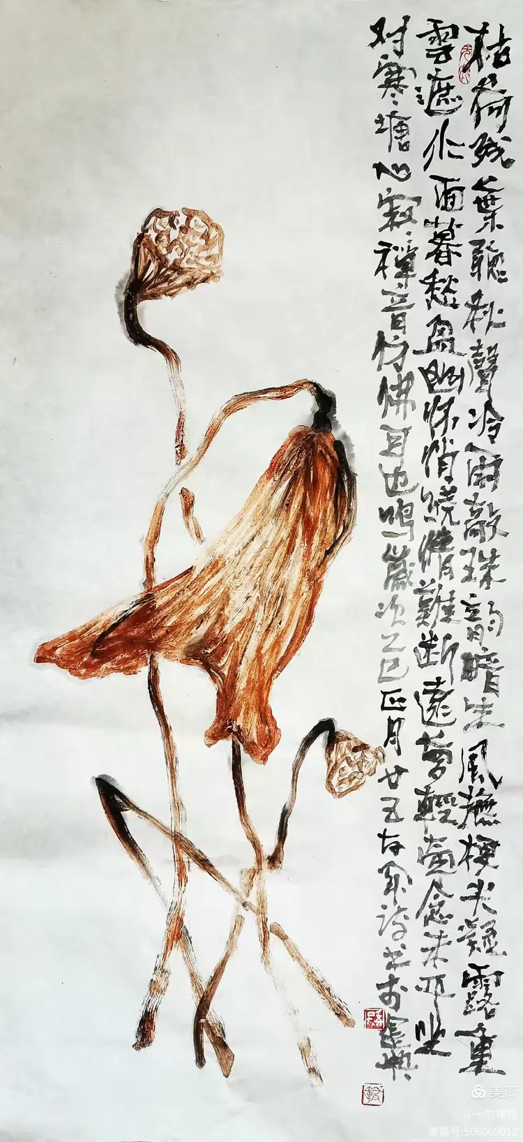 残阳斜照水波寒,枯荷独立影孤单.霜染莲房头渐老,风摇翠盖梦初残